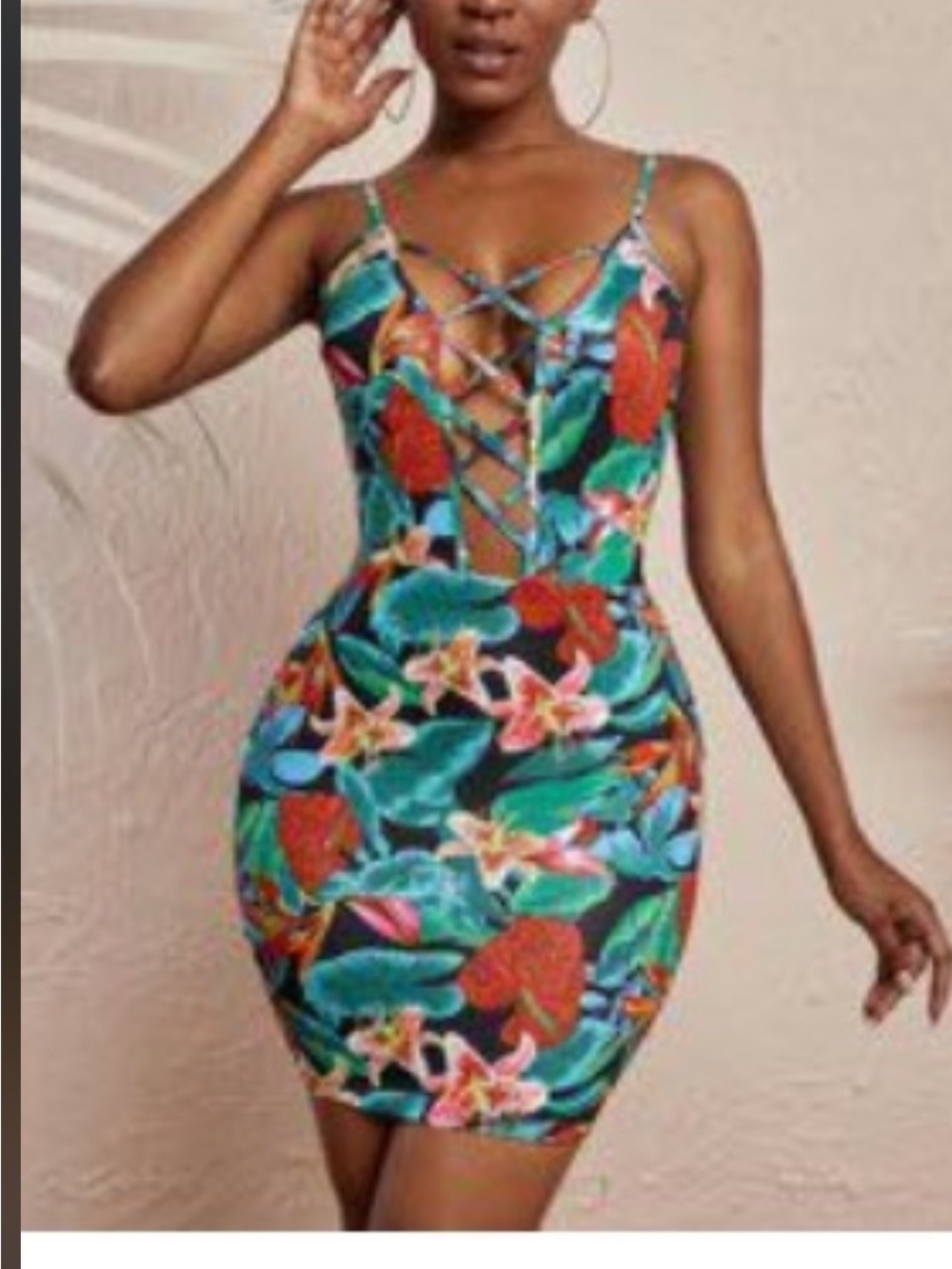SHEIN Tropical Floral Lace-Up Mini Dress - Teal & Red